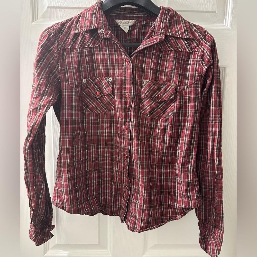 Women’s Western Burgundy Plaid Top, Size Large